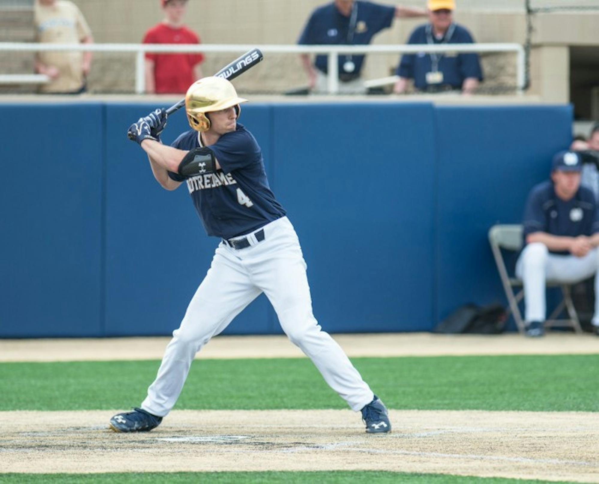 Senior shortstop Lane Richards readies for a pitch during Notre Dame’s 7-2 win over NC State on April 18, 2015 at Eck Stadium.