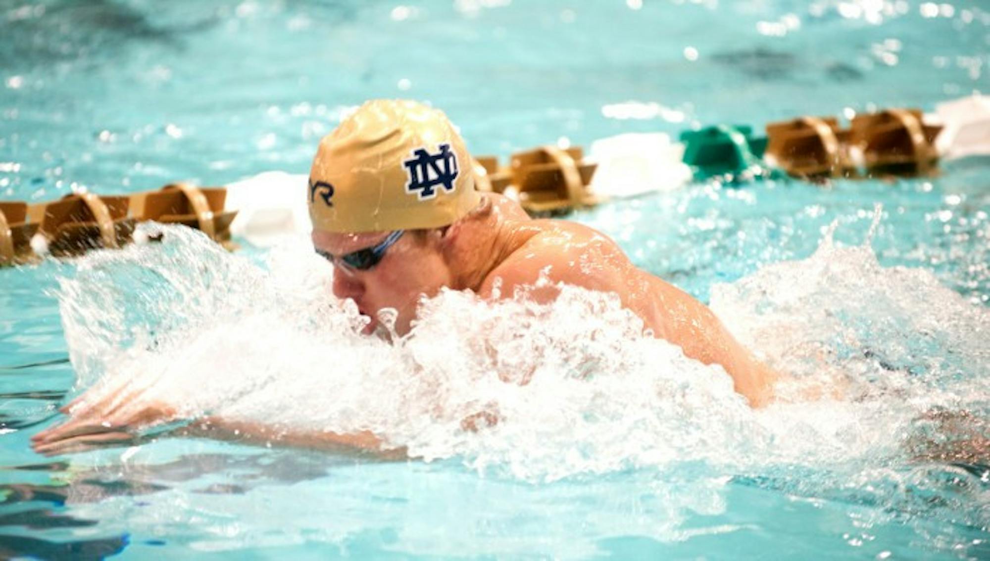 Irish senior Cameron Miller swims a breaststroke event at the Shamrock Invitational on Jan. 31 at Rolfs Aquatic Center.
