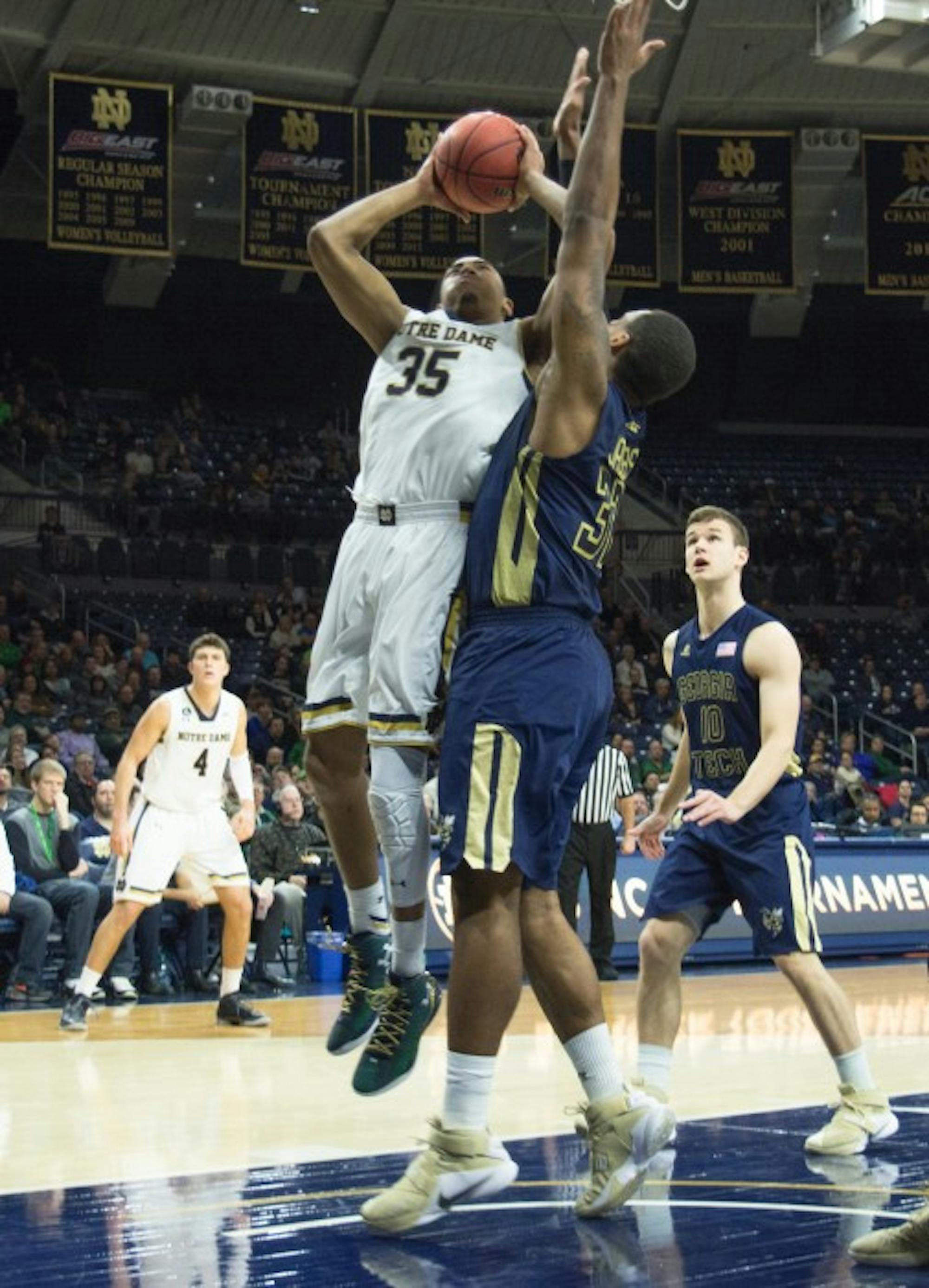 Sophomore forward Bonzie Colson goes up for a layup during Notre Dame’s 72-64 victory over Georgia Tech on Wednesday at Purcell Pavilion. Colson scored a career-high 31 points on Saturday against Duke.