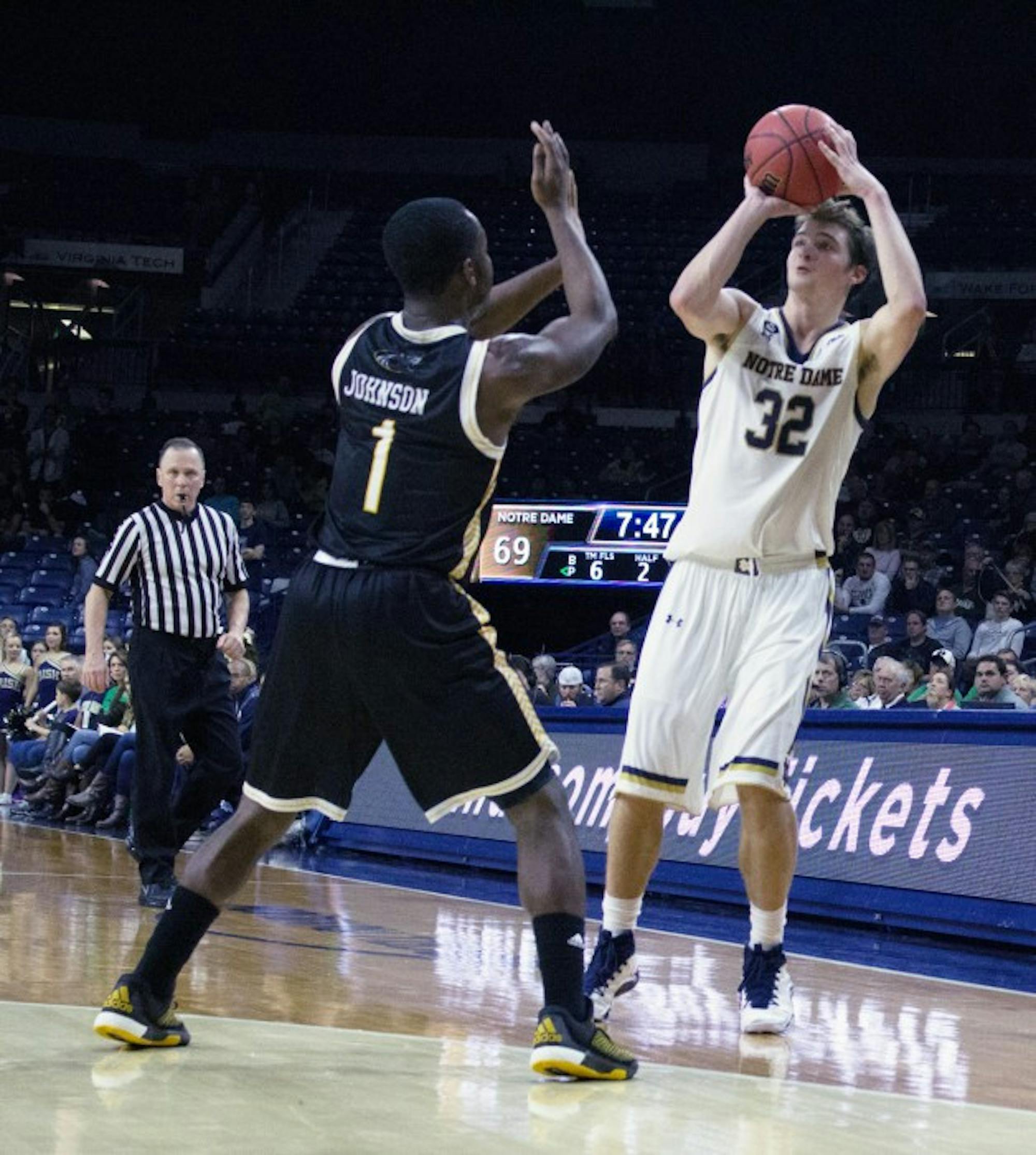 Irish junior guard Steve Vasturia takes a shot during Notre Dame’s 86-78 win over Milwaukee on Nov. 17 at Purcell Pavilion.