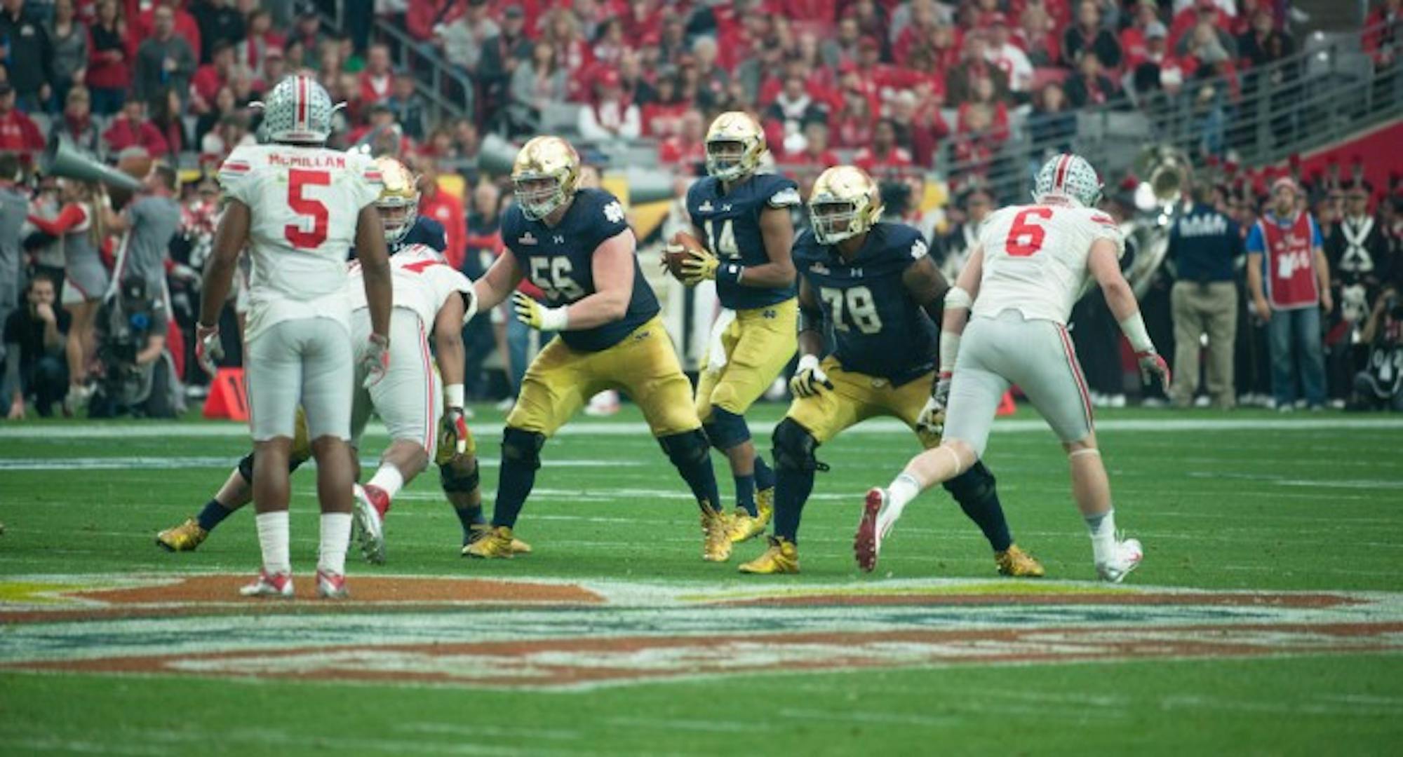 Senior offensive lineman Ronnie Stanley protects the quarterback during Notre Dame’s 44-28 loss to Ohio State on Jan. 1 in the Fiesta Bowl.
