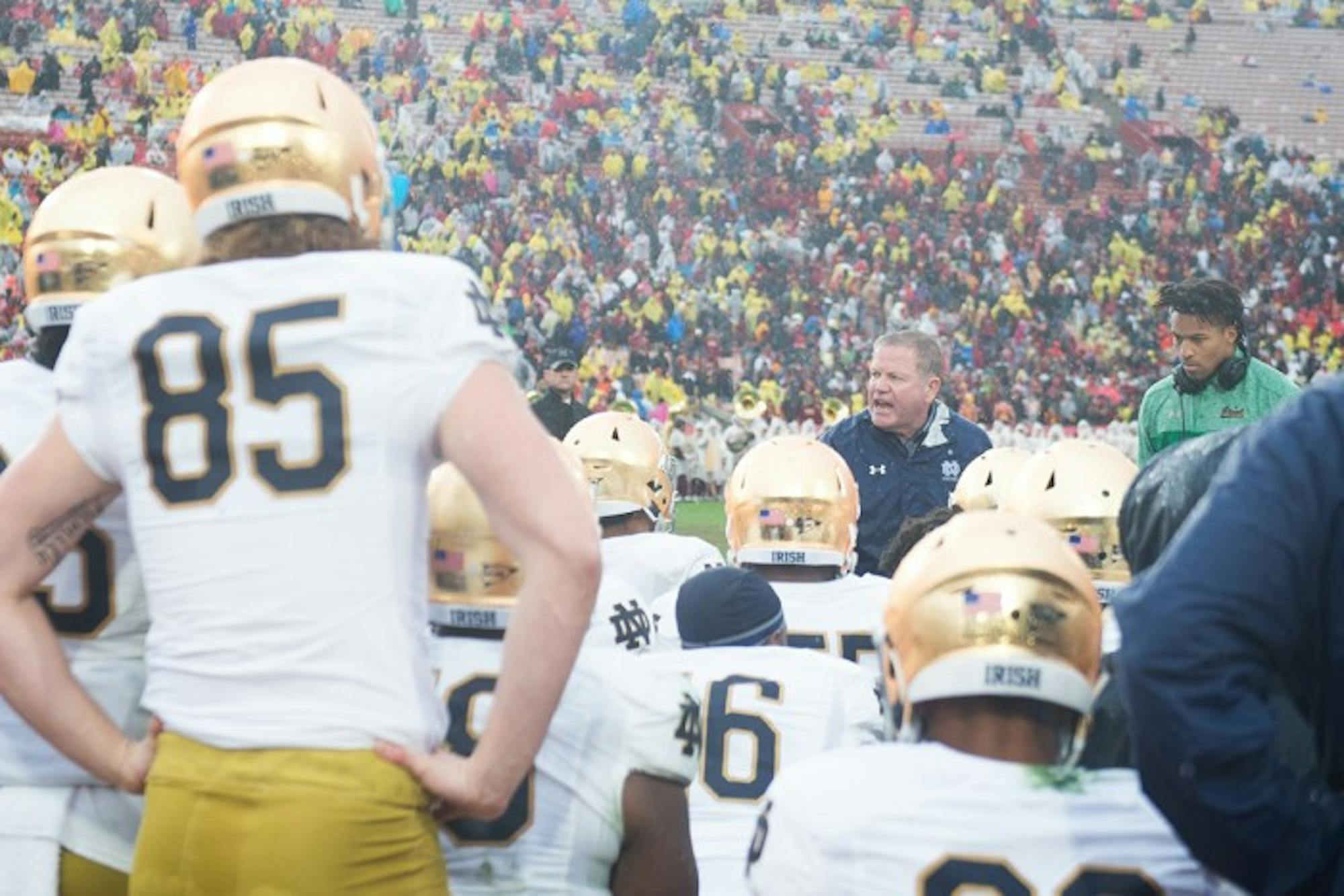 Irish head coach Brian Kelly addresses his players during halftime of Saturday's 45-27 loss to USC.