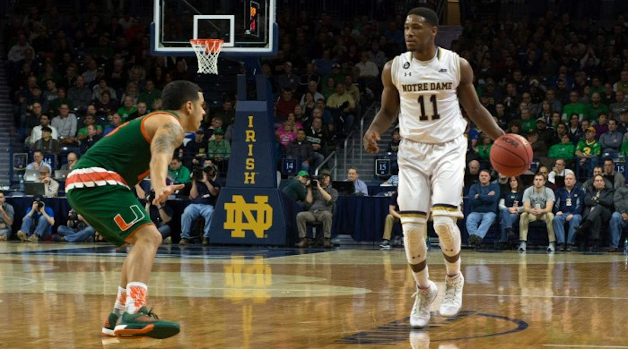Irish junior guard Demetrius Jackson brings the ball up the court during Notre Dame’s 68-50 loss to Miami (Fla.) on March 2.