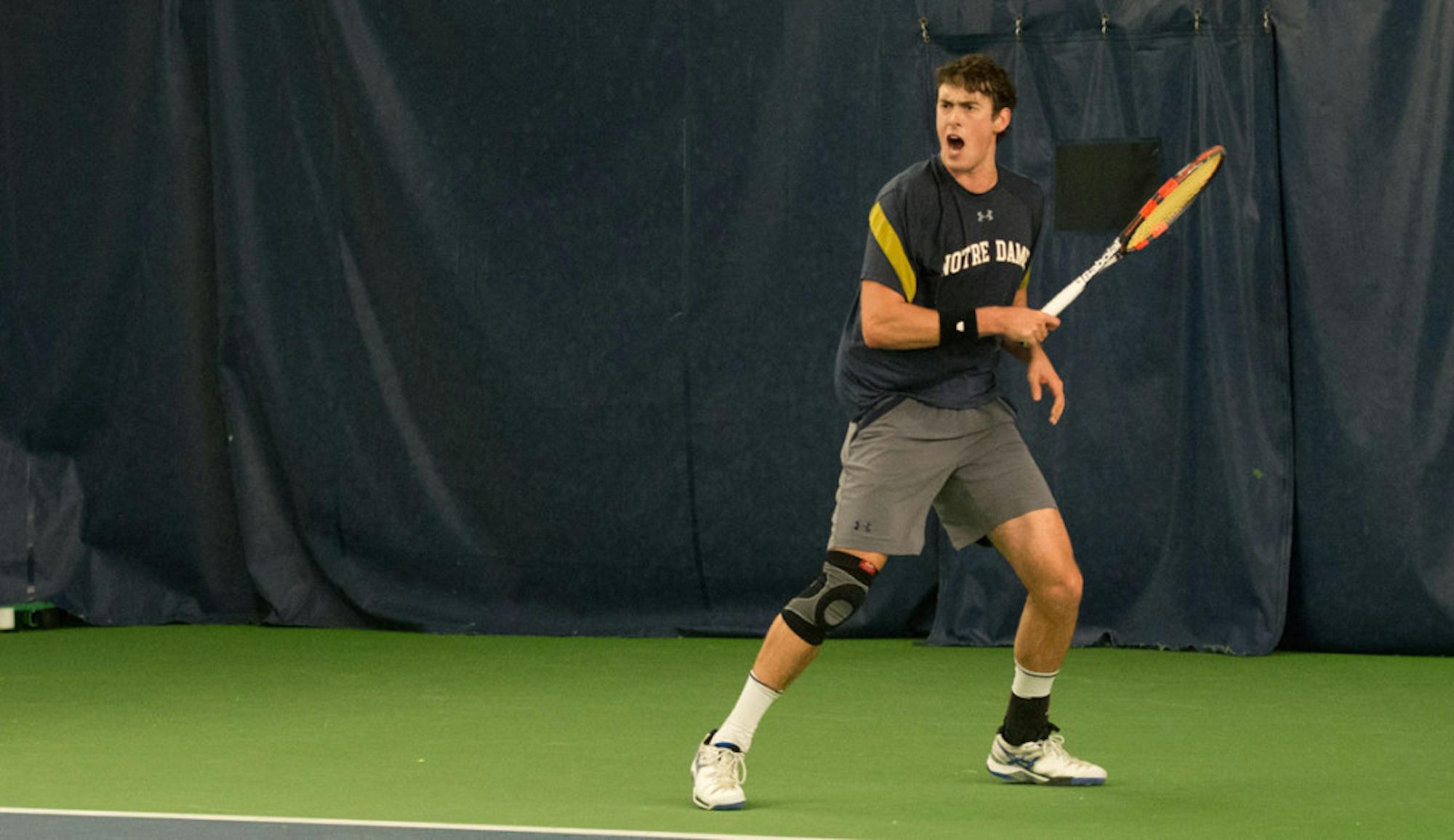 Sophomore Alex Lebedev prepares a backhand during Notre Dame’s 4-1 victory over Northwestern on Feb. 24 at Eck Tennis Pavilion.