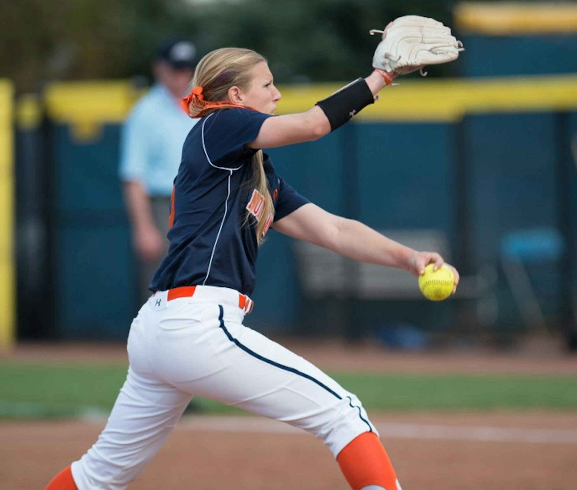 Irish senior left-hander Allie Rhodes delivers a pitch during Notre Dame’s 10-1 victory over Syracuse on April 18 at Melissa Cook Stadium. Rhodes is 3-2 with a 3.84 ERA and 37 strikeouts in seven appearances.
