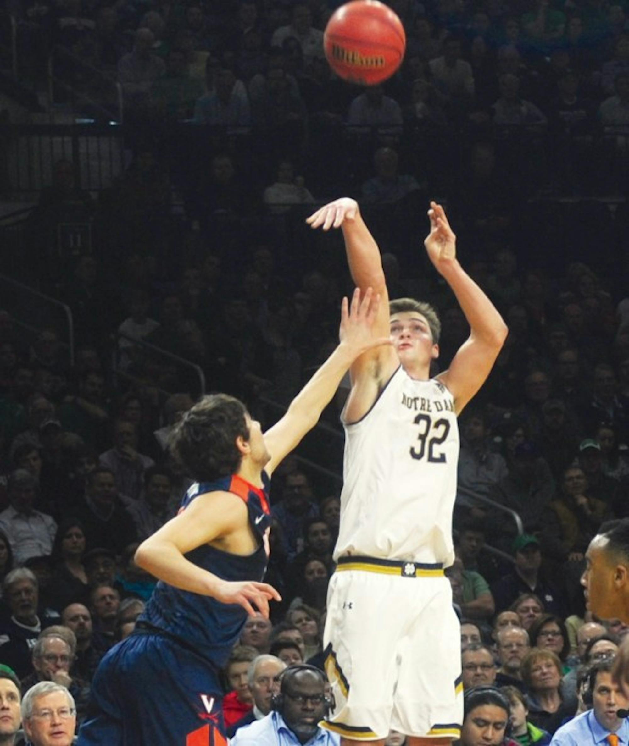 Irish senior guard Steve Vasturia launches a jumper during Notre Dame’s 71-54 loss to Virginia on Tuesday at Purcell Pavilion.