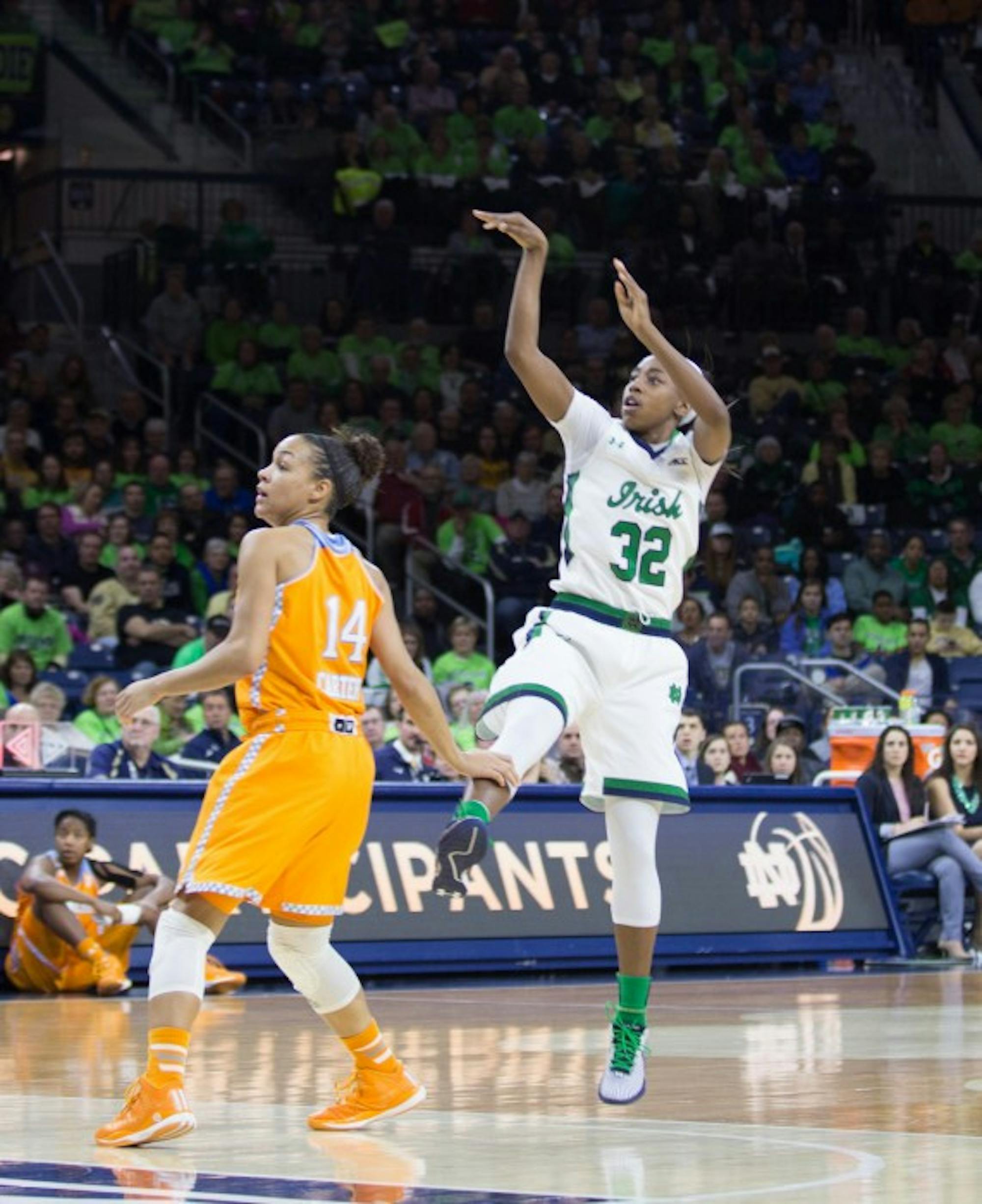 Irish junior guard Jewell Loyd puts up a three in Notre Dame’s 88-77 win over Tennessee on Monday at Purcell Pavilion. Loyd netted 34 points in leading Notre Dame to its fifth straight win over the Lady Vols.