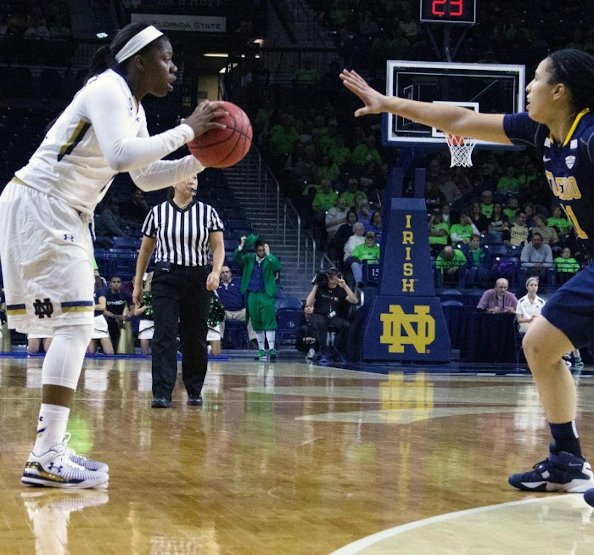 Freshman guard Arike Ogunbowale surveys the action during Notre Dame’s 74-39 victory over Toledo on Nov. 18 at Purcell Pavilion. Ogunbowale had nine points and six rebounds in the win.