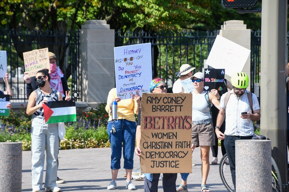 Protestors seen at Notre Dame Avenue in opposition of Amy Coney Barrett's lecture