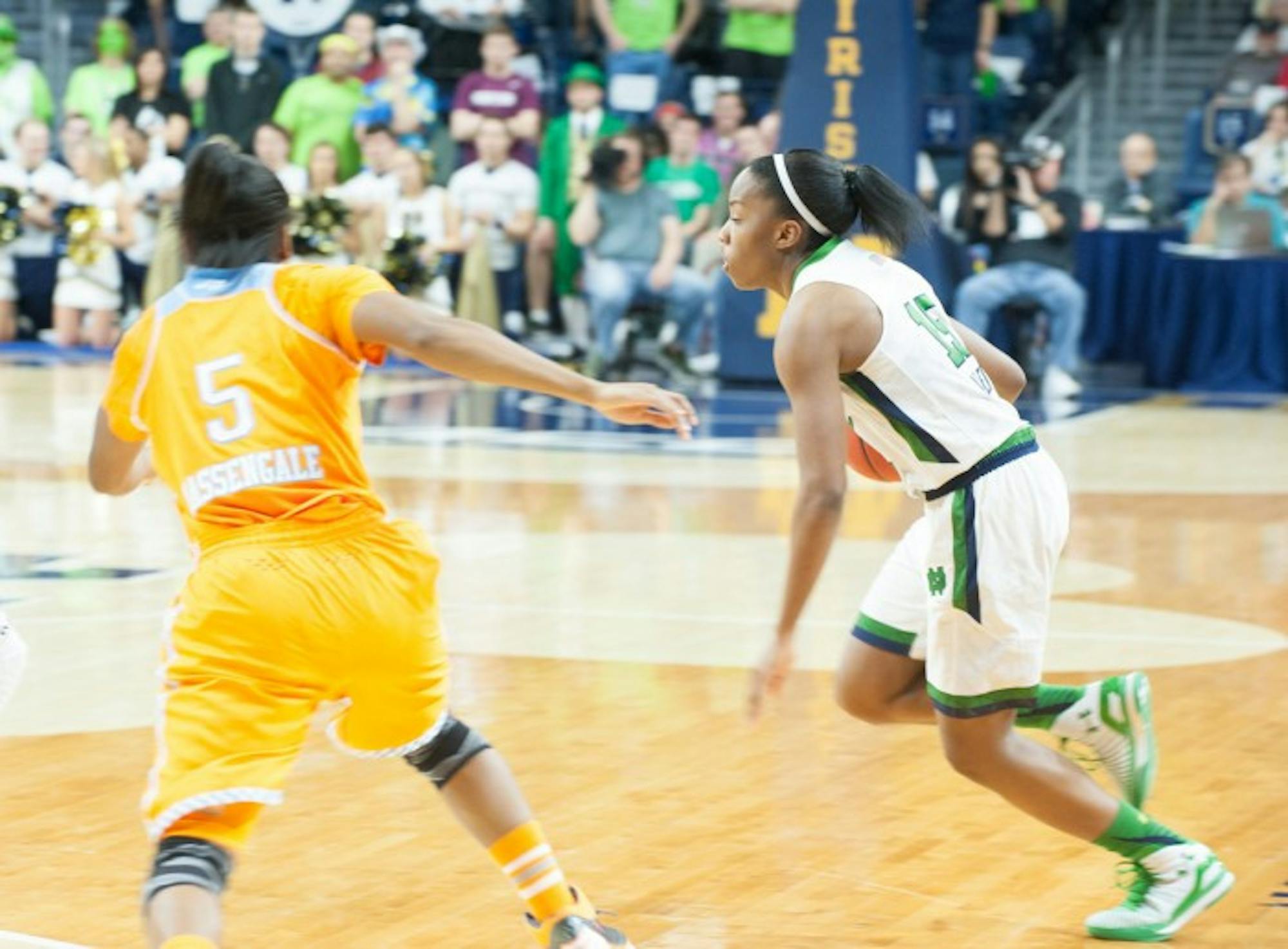 Irish sophomore guard Lindsay Allen works past a defender in Notre Dame’s 88-77 win over Tennessee on Monday night at Purcell Pavilion.