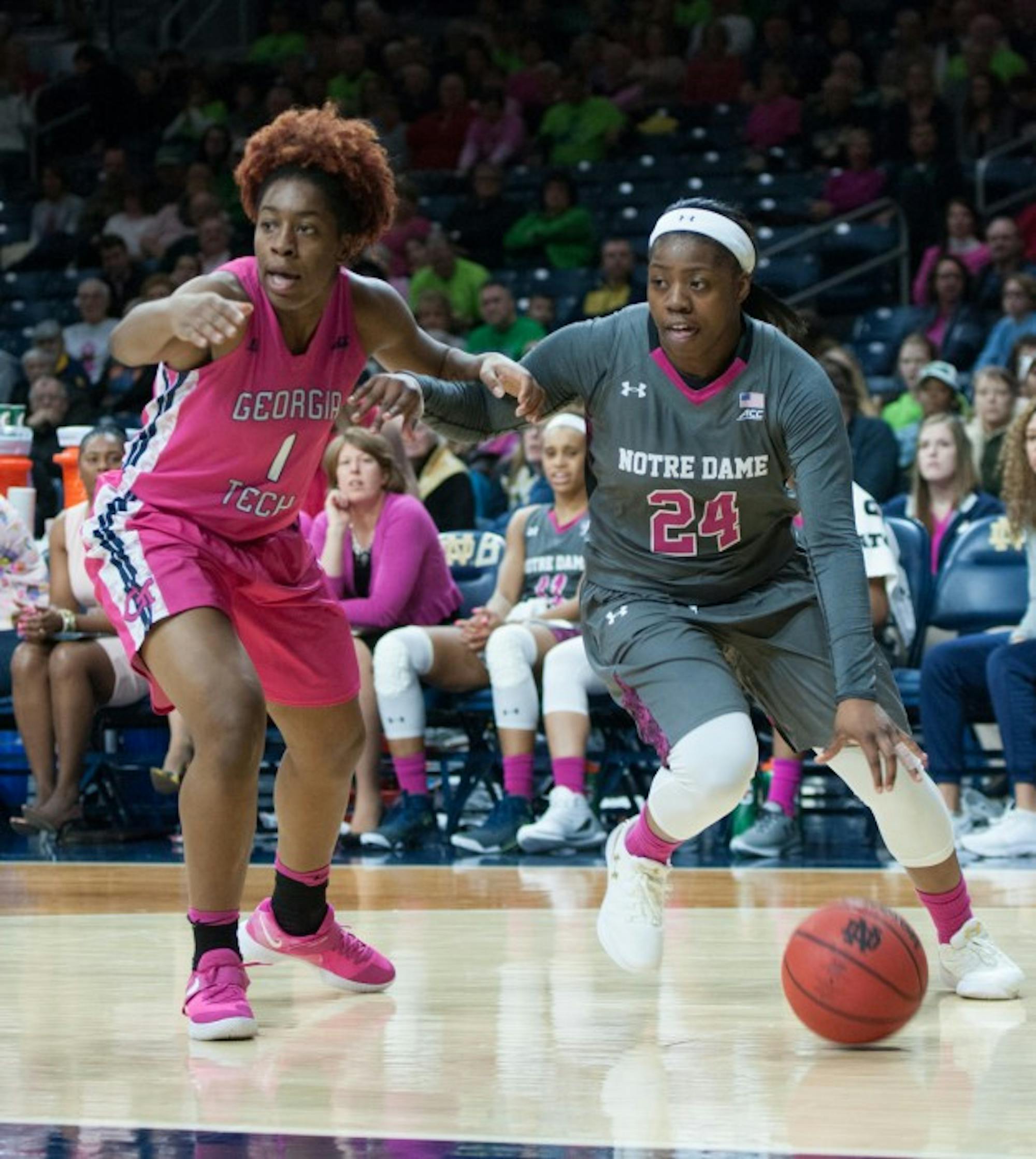 Irish sophomore guard Arike Ogunbowale drives towards the hoop along the baseline during Notre Dame’s 90-69 win over Georgia Tech on Sunday at Purcell Pavilion.