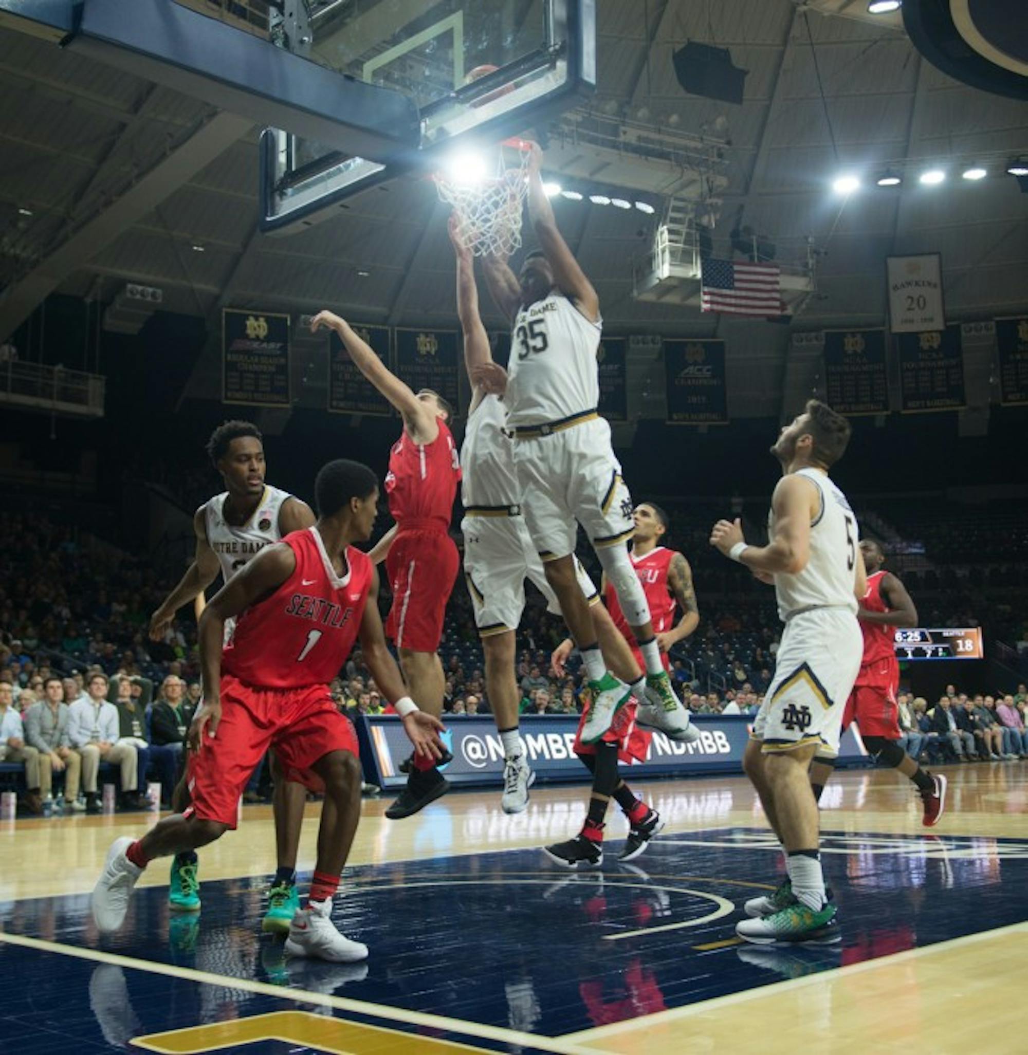 Junior captain Bonzie Colson goes up for the put-back dunk against Seattle on Wednesday at Purcell Pavilion. Colson and fellow captain V.J. Beachem each had 16 points in the 92-49 Irish win.
