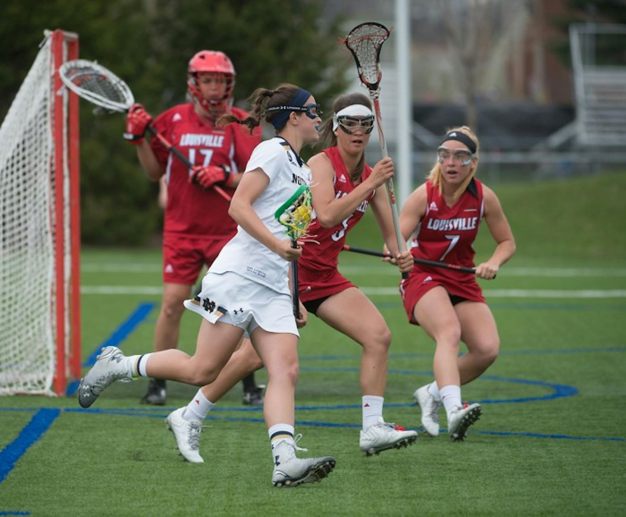Sophomore attack Courtney Fortunato cradles the ball in Sunday’s 10-8 loss to Louisville. Fortunato had four goals in the defeat.