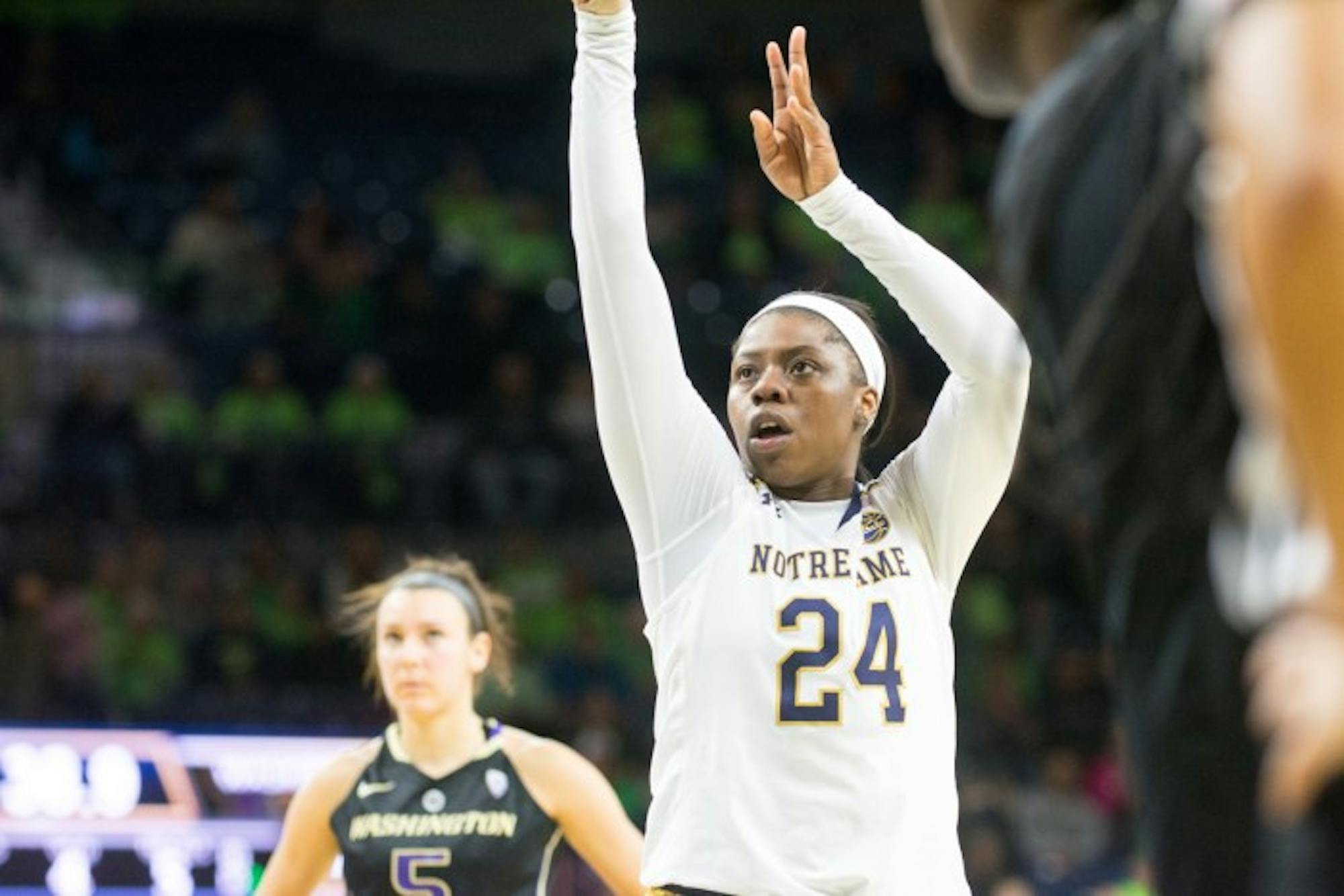 Irish sophomore guard Arike Ogunbowale shoots a free throw during Notre Dame's 71-60 victory over Washington on Sunday afternoon.