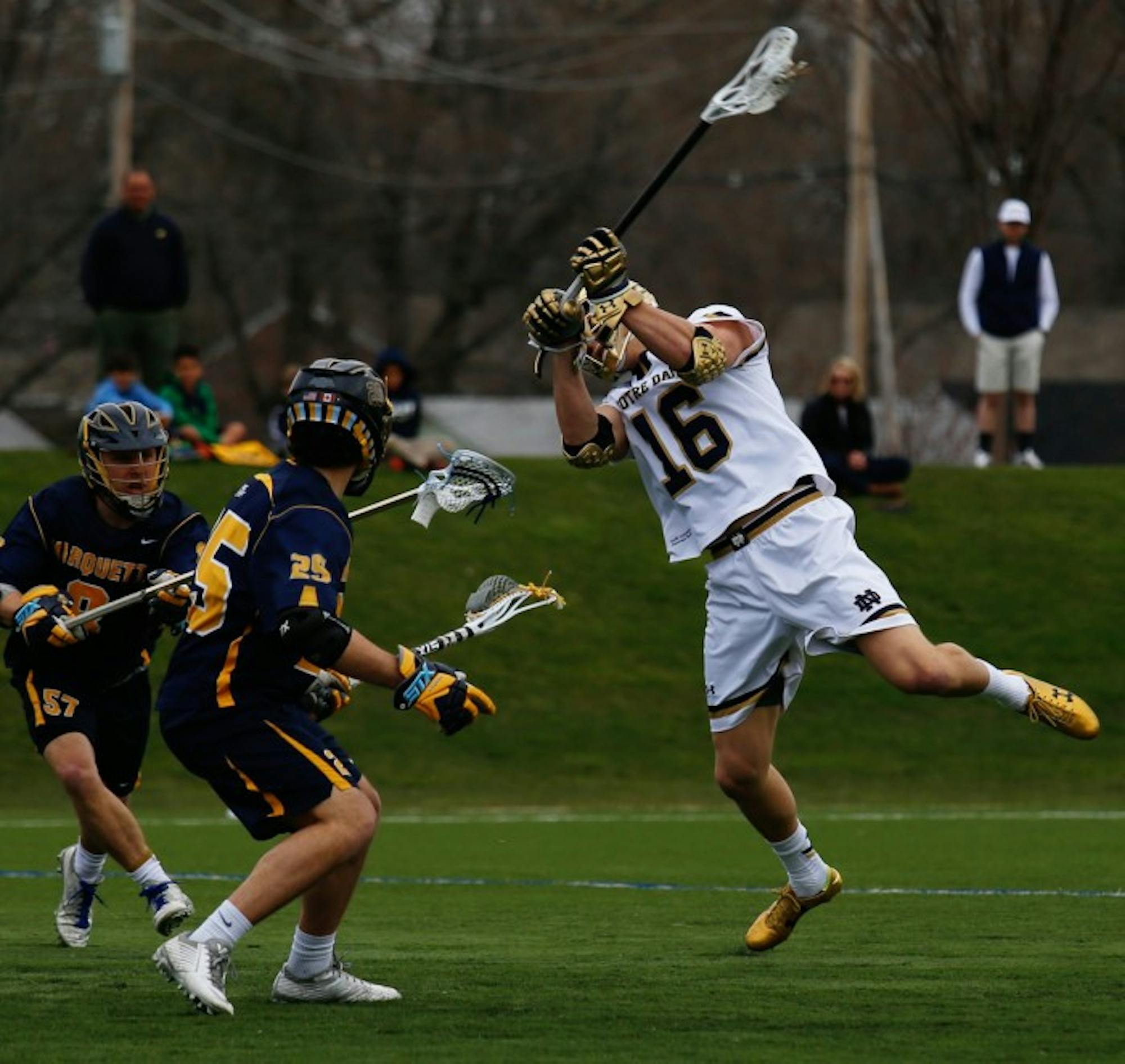 Irish junior midfielder Sergio Perkovic fires a shot during Notre Dame’s 8-7 overtime win over Marquette on April 13.