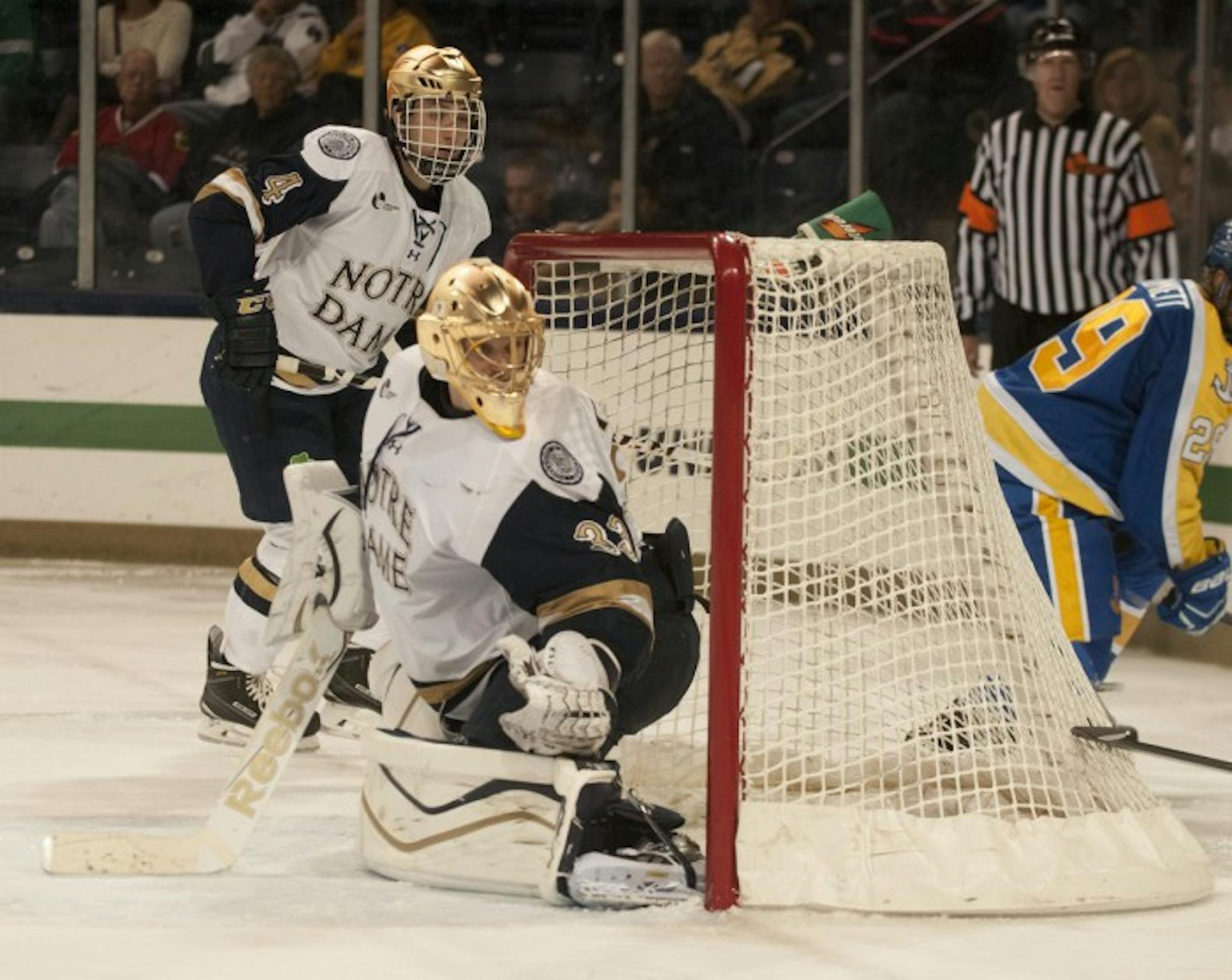 Irish sophomore goalkeeper Chad Katunar watches a shot fly by during Notre Dame’s 5-3 win over Lake Superior State on Oct. 17.