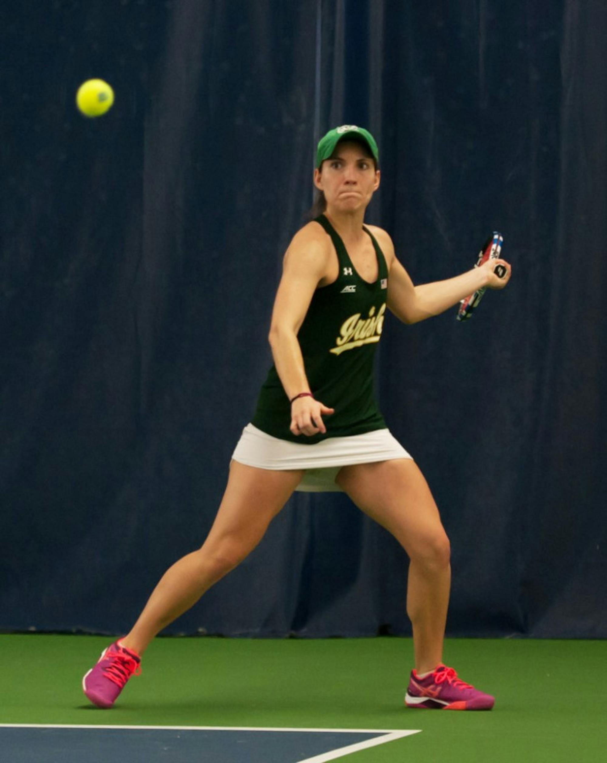 Irish senior Allison Miller readies to hit a forehand during Notre Dame's 5-2 win over Purdue on Feb. 22 at Eck Tennis Pavilion.
