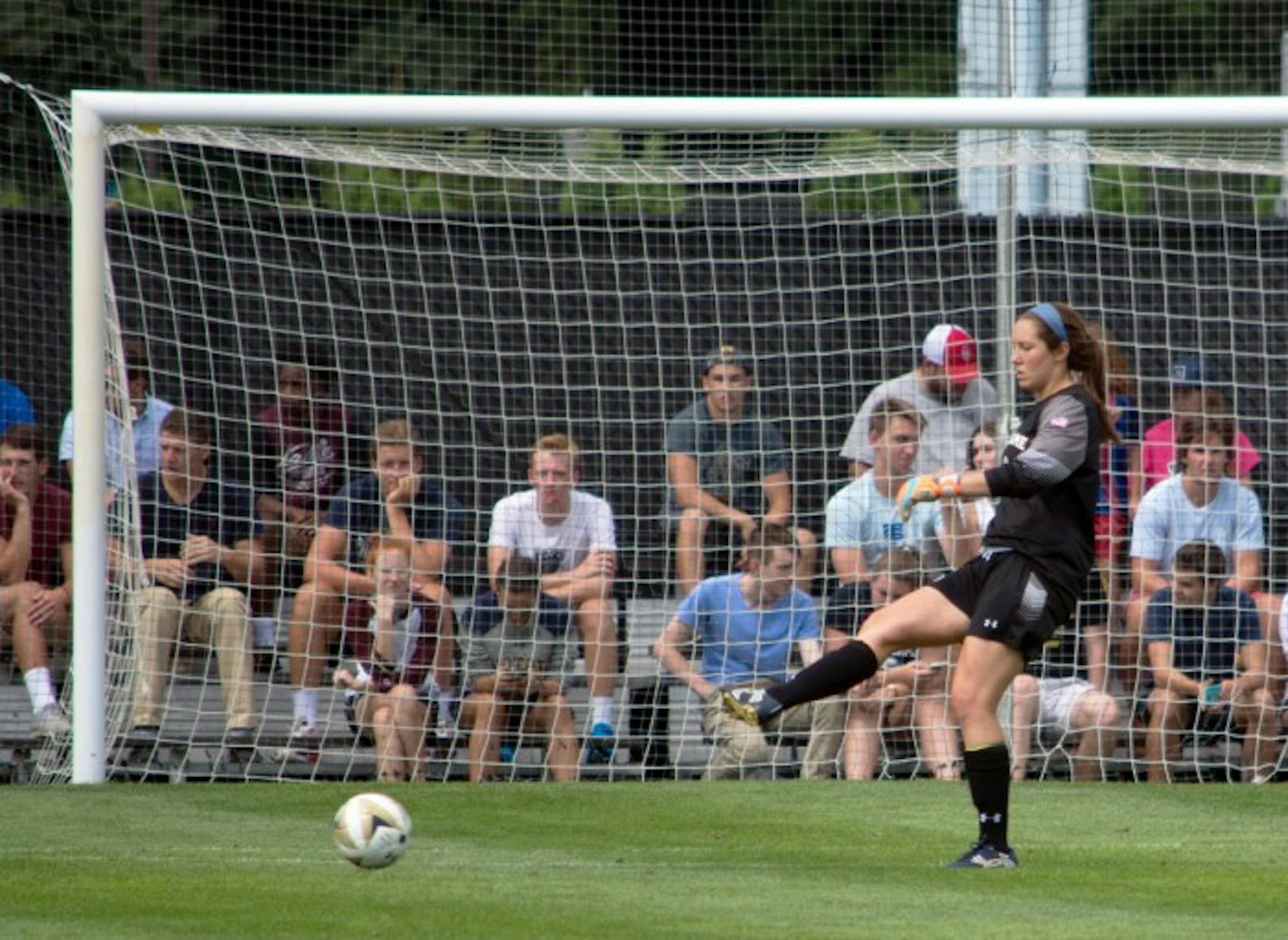 Irish goalkeeper Kaela Little passes the ball during a 1-0 win against Wisconsin on Aug. 21.