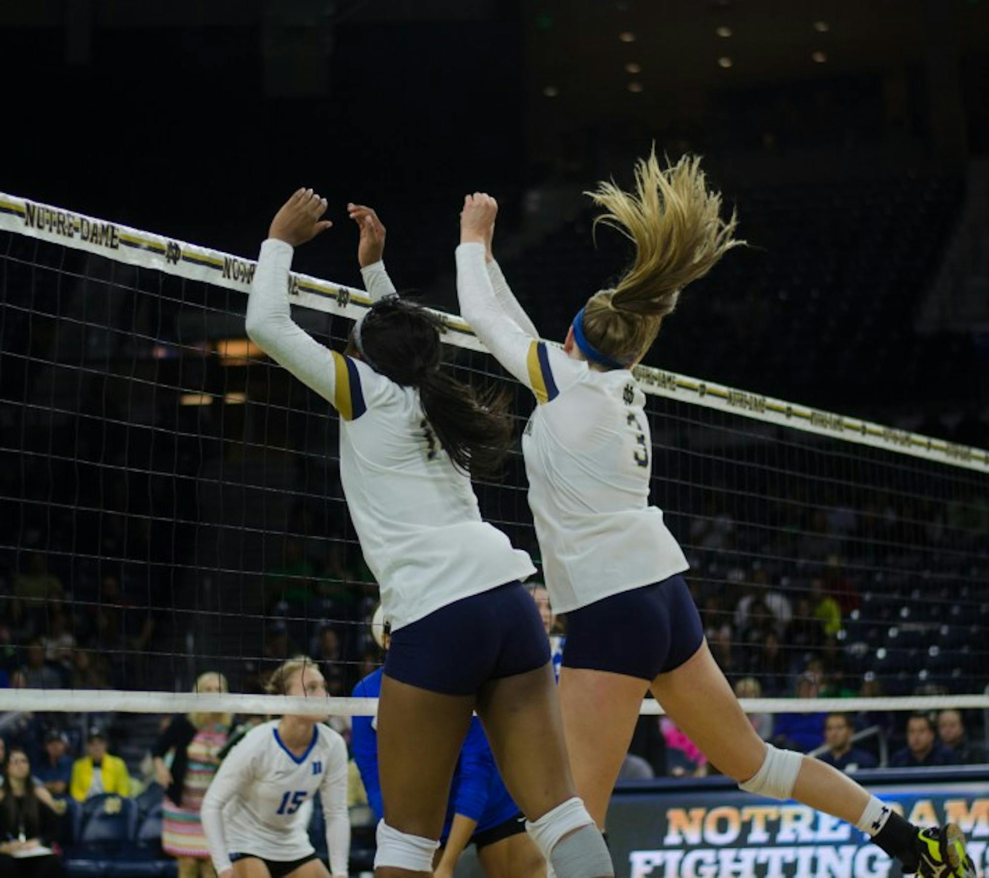 Irish senior middle blocker Sam Fry goes up for a block during Notre Dame’s 3-1 victory over Duke on Sept. 30, 2016, at Purcell Pavilion. Fry and senior Caroline Holt were named to the preseason All-ACC team.