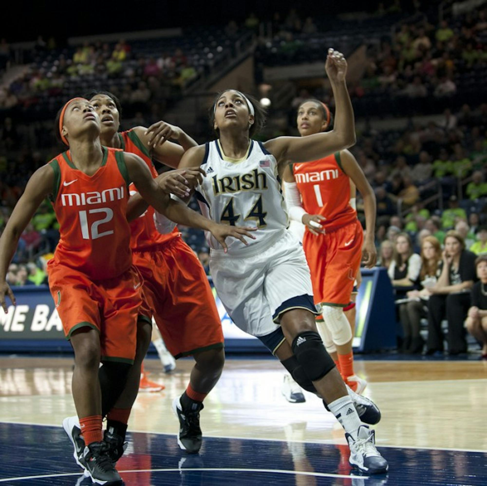 Senior forward Ariel Braker goes for a rebound during Notre Dame’s 79-52 win over Miami on Jan. 23 in Purcell Pavilion.