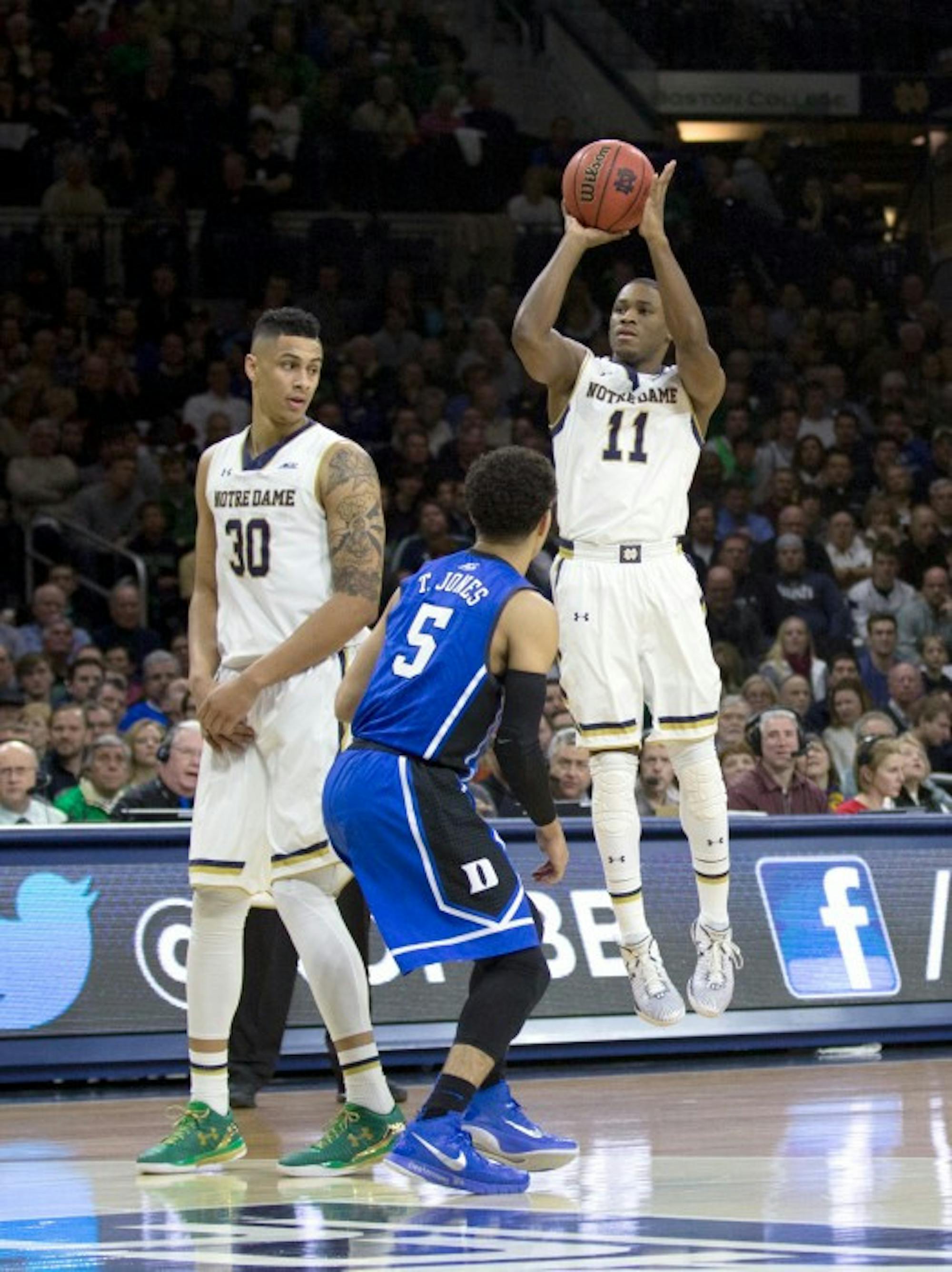 Irish sophomore guard Demetrius Jackson rises up for a jump shot during Notre Dame’s 77-73 win over Duke on Wednesday.