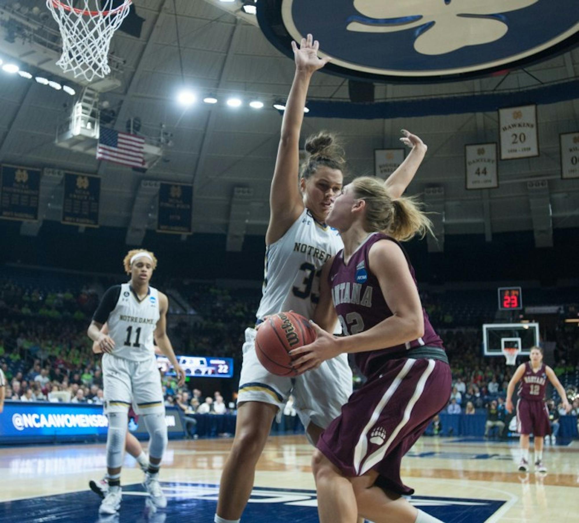 Irish freshman forward Kathryn Westbeld plays defense during Notre Dame’s 77-43 win over Montana on Friday.