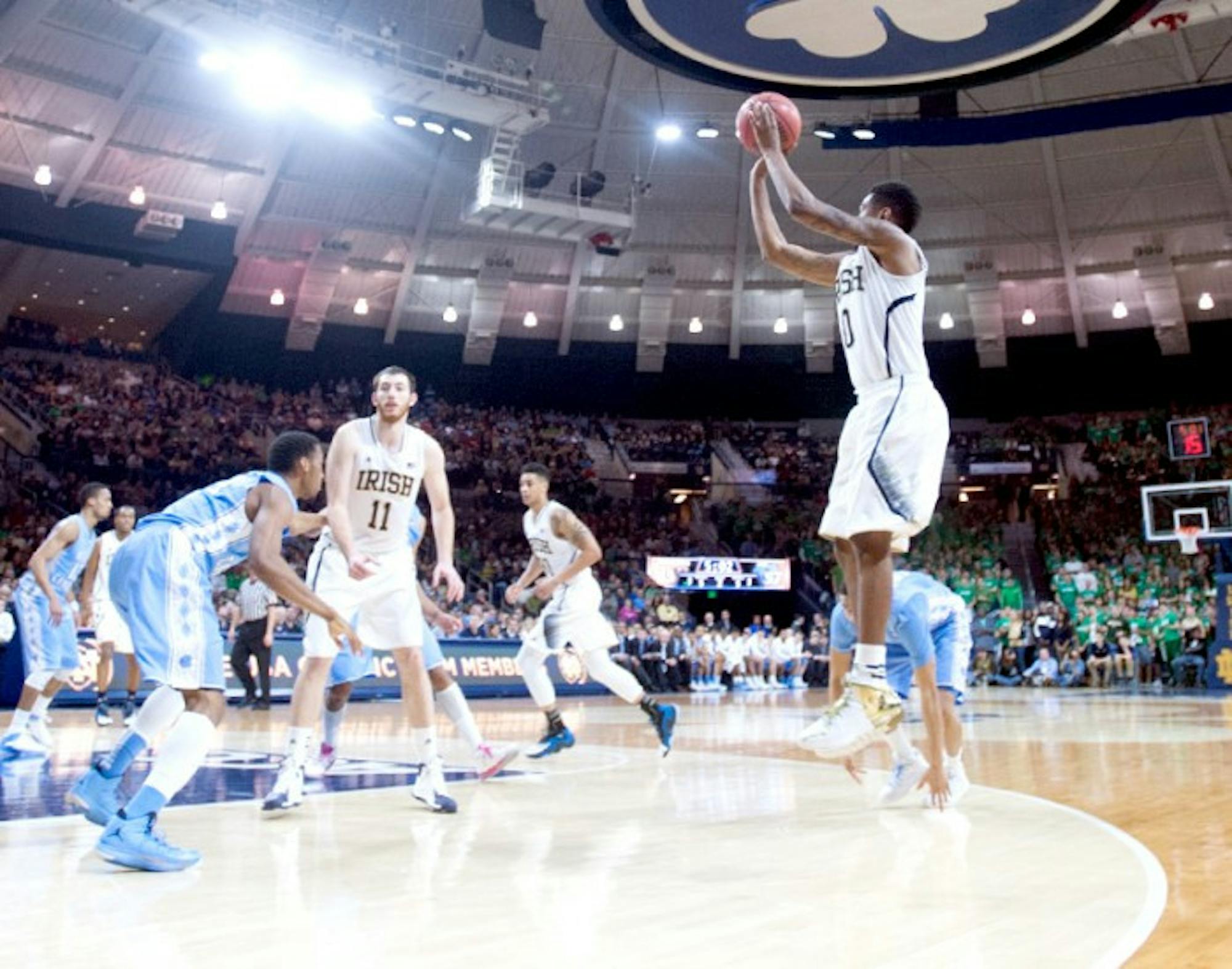 Senior guard and captain Eric Atkins releases a jump shot against North Carolina on Feb. 8 at Purcell Pavilion.