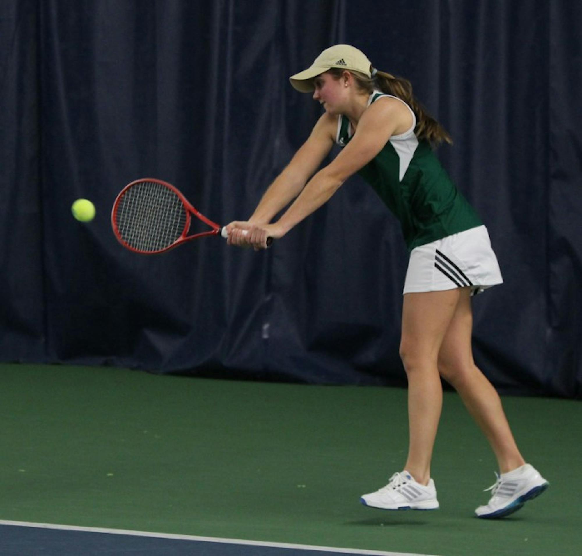 Irish sophomore Mary Closs returns a shot during Notre Dame's 4-3 loss to Georgia Tech on Feb. 21 at the Eck Tennis Center.