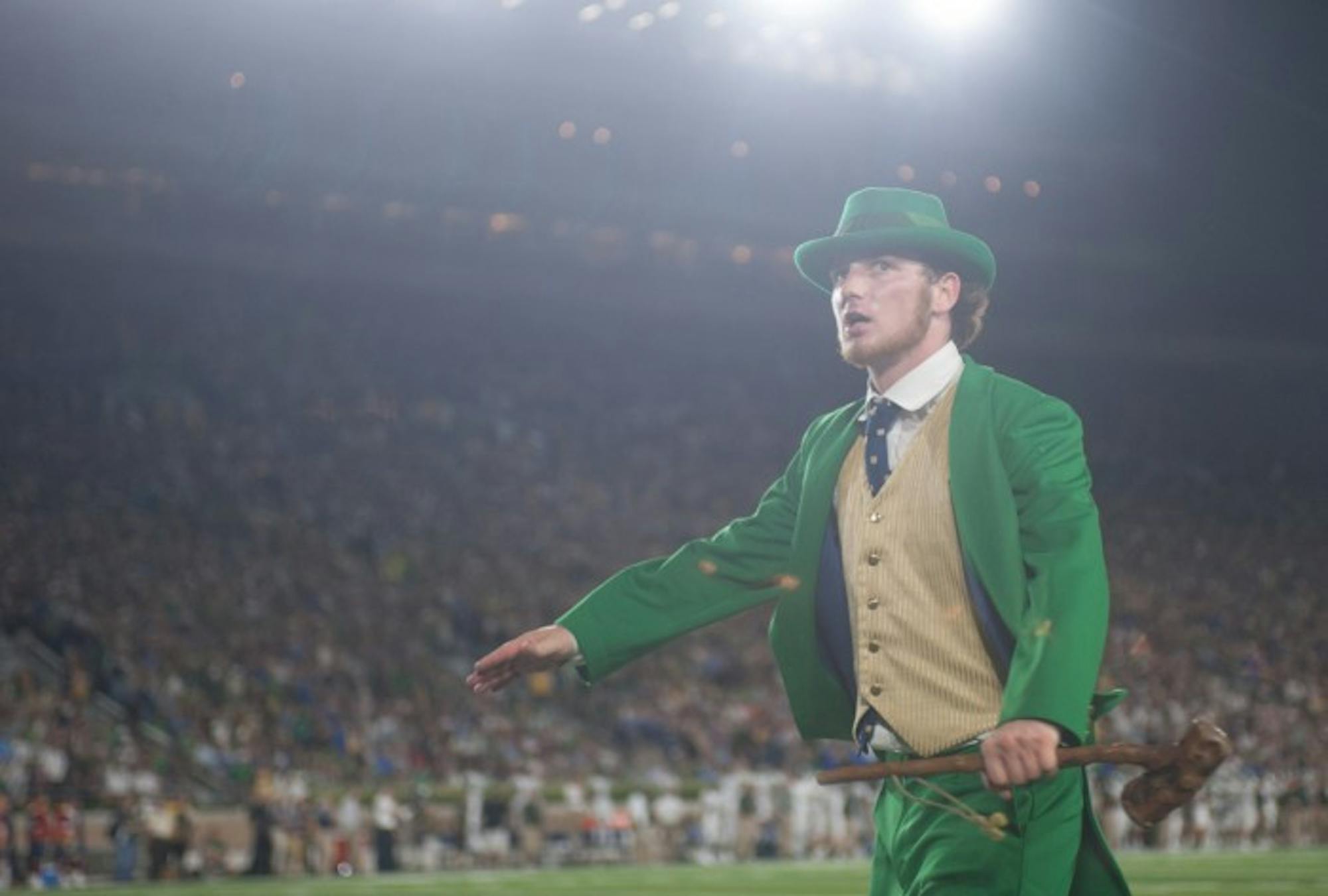 Football leprechaun Joe Fennessy interacted with the crowd at the Notre Dame football game against Michigan State last Saturday.