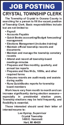 Crystal Township Clerk Job Posting 2x6 July 2025 Echo Ad.pdf