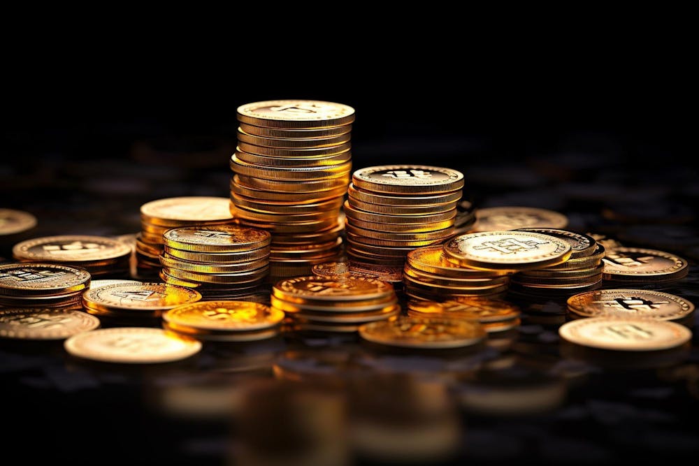A pile of golden bitcoins on top of a black table, bitcoins on a dark background, Generative AI