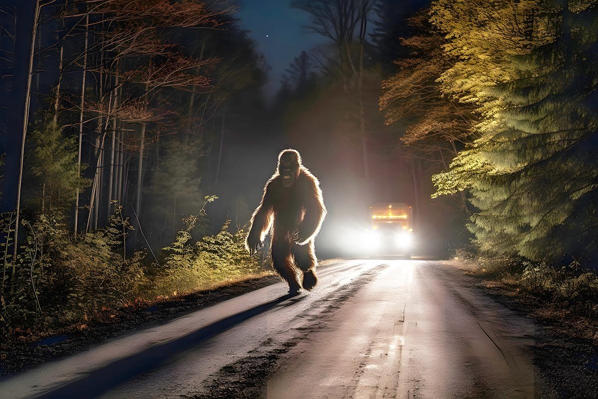 bigfoot running along interstate forest road at night in light of car headlights, neural network generated photorealistic image