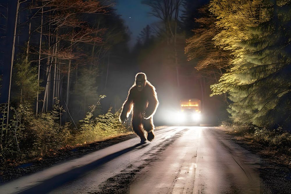 bigfoot running along interstate forest road at night in light of car headlights, neural network generated photorealistic image