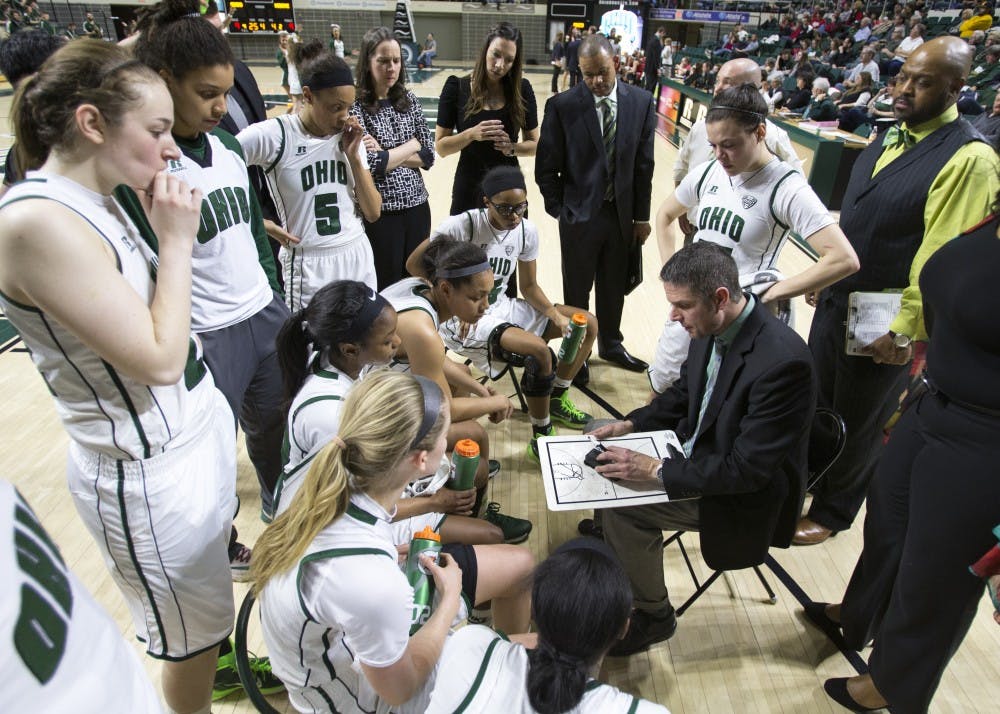 Ohio head coach Bob Boldon goes over strategies during a timeout during Ohio's 72-44 win against rivals Miami (OH) on Feb. 17, 2016. Boldon and the Bobcats play against High Point on Saturday in their first game of the 2016-17 season. (FILE)