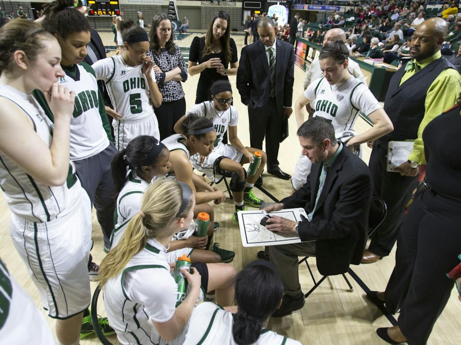 Ohio head coach Bob Boldon goes over strategies during a timeout during Ohio's 72-44 win against rivals Miami (OH) on Feb. 17, 2016. Boldon and the Bobcats play against High Point on Saturday in their first game of the 2016-17 season. (FILE)