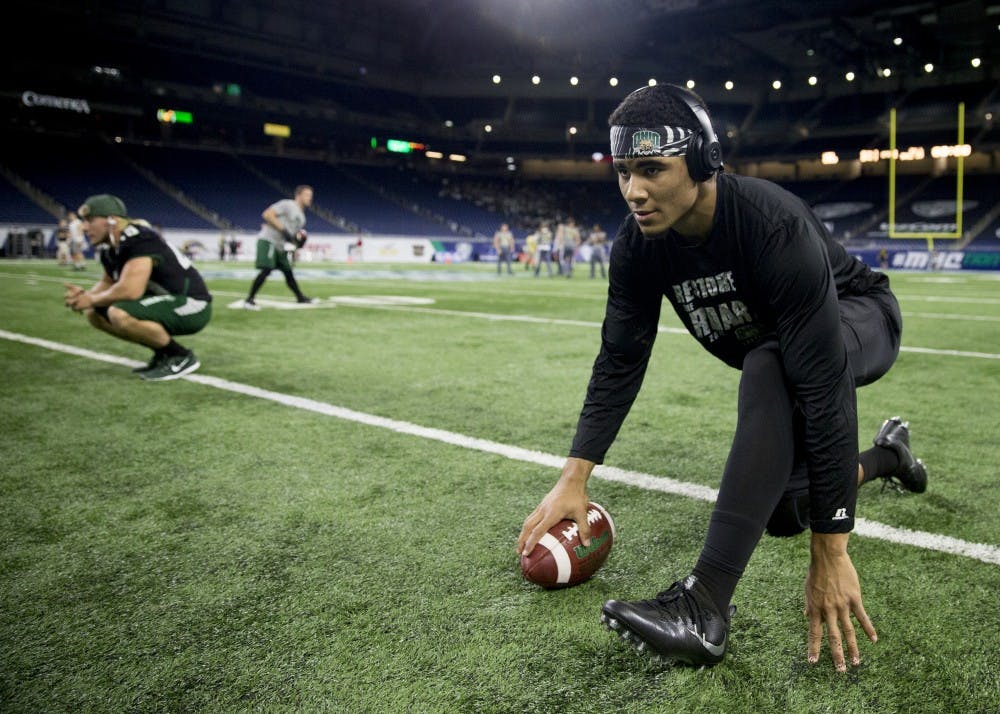 Ohio redshirt sophomore wide receiver Elijah Ball warms-up before the start of the 2016 MAC Football Championship at Ford Field in Detroit. Ball will miss the entirety of the 2017 season after tearing his ACL. 