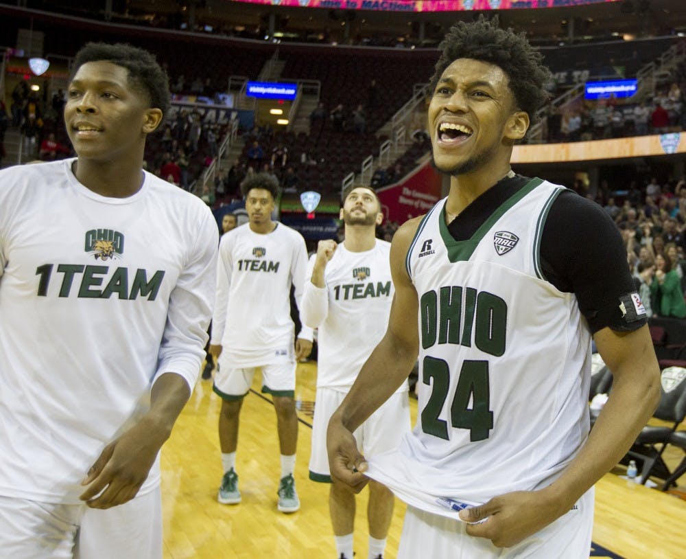 Ohio junior guard Mike Laster yells in celebration in the immediate aftermath of the Bobcat's comeback win over Toledo on Thursday, March 9, 2017. Redshirt senior forward Kenny Kaminski hit a game-winning shot with seven seconds left. 