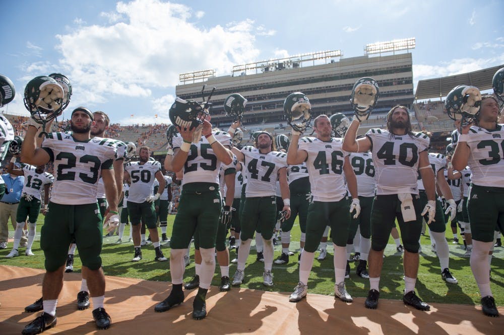 The Bobcats line up at the end of the game to sing the Alma Mater at Neyland Stadium in Knoxville, Tennessee. Ohio kept it close, but ultimately fell to the 15th ranked Volunteers 28-19.