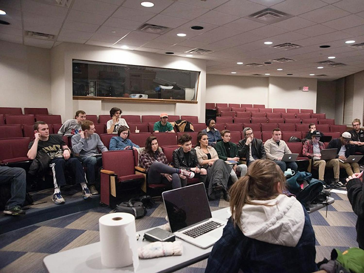 "Films and stuff" was created in the Fall 2016 semester, and many people are still joining, here Sami Edelstein talks with the groups about upcoming plans and events on Febreaury 15, 2017. (Meagan Hall | Post Photographer)