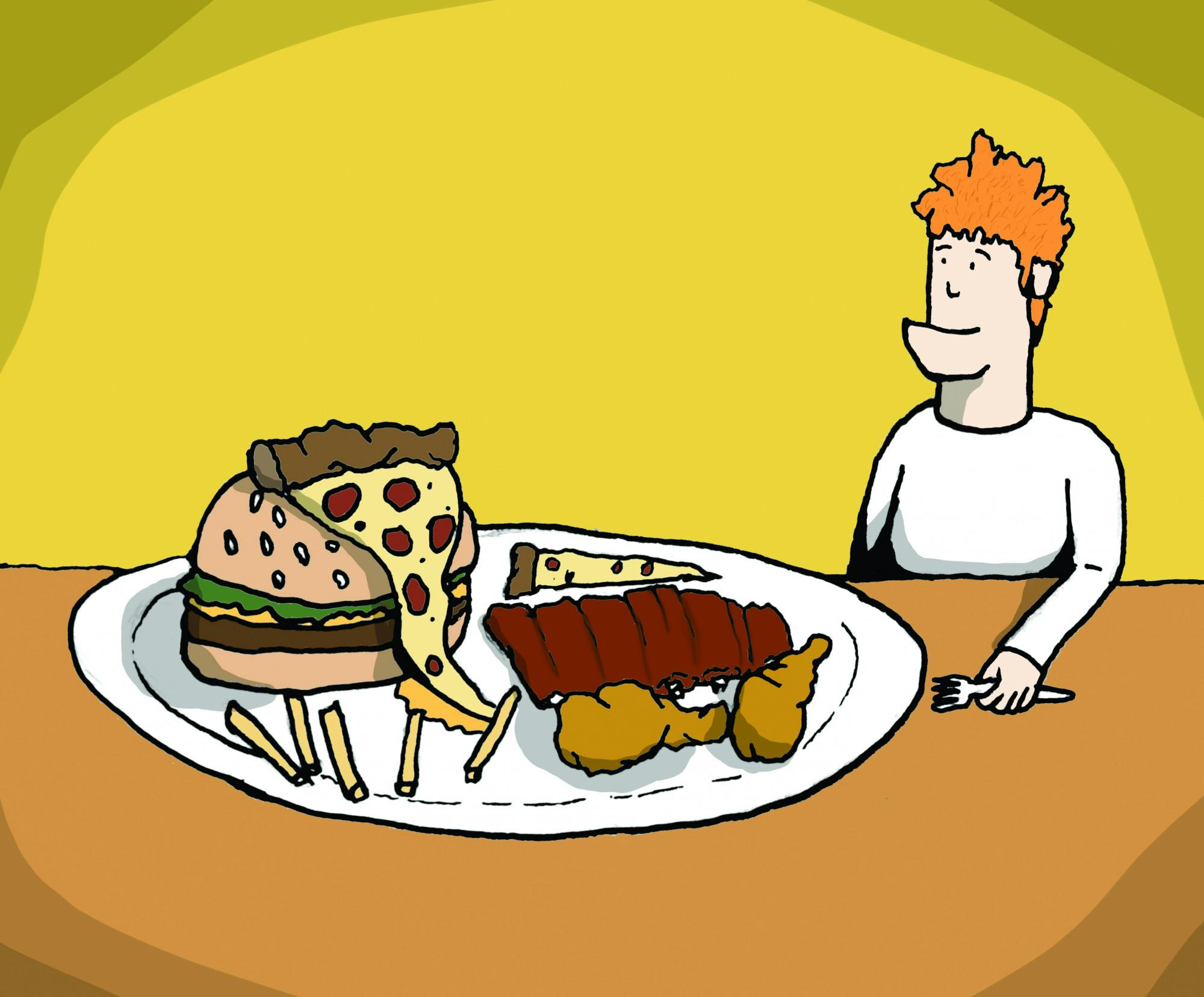 Illustration depicts a guy with various junk foods on a table. The backround is yellow and the table is brown.