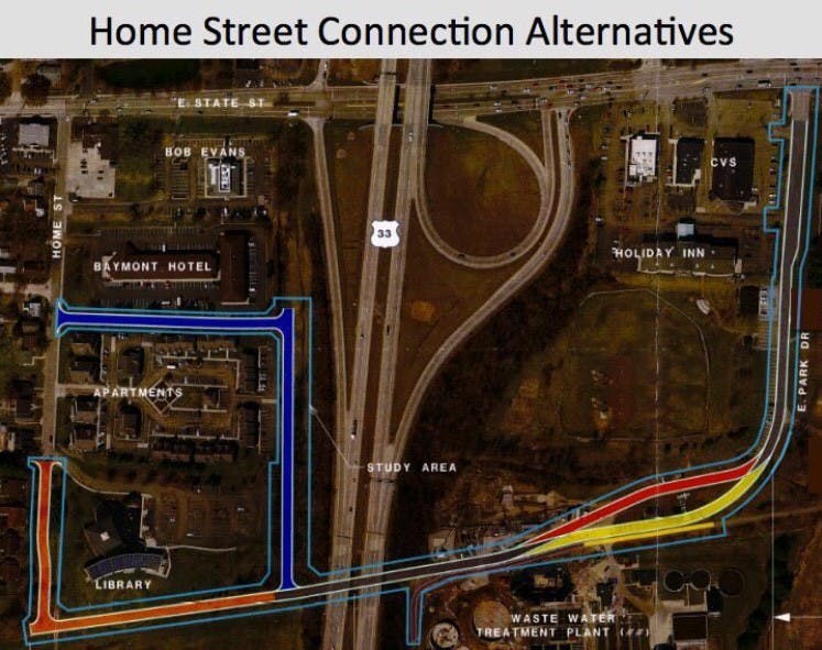 City officials are considering a concept for a new connector street  between East Park Drive and Home Street on the town's east end. (Provided via the City of Athens)