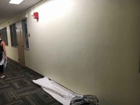 The Roger E. Ailes Newsroom sign was painted over Tuesday.