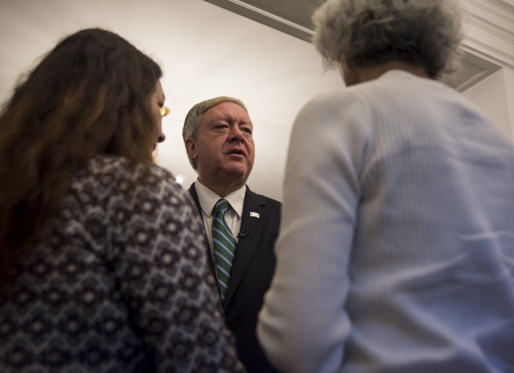 Duane Nellis speaks with Athens residents during breakfast in Cutler Hall on the morning of&nbsp;June 12.