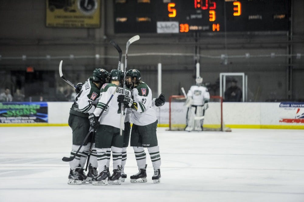 Hockey huddle celebrate  