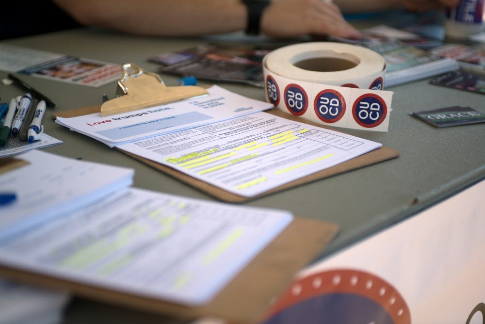 The Ohio University College Democrats volunteer to campaign for Hillary Clinton by College Gate. (LIAM DAVIS | FOR THE POST)