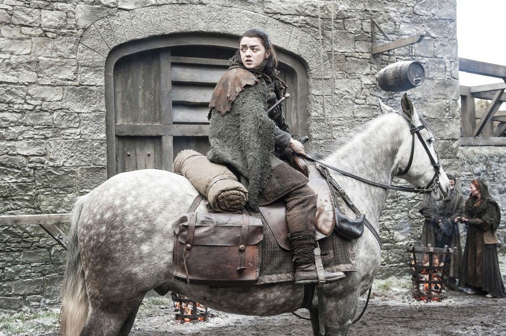 Arya Stark turns north outside the Inn at the Crossroads during Sunday's episode,&nbsp;"Stormborn." (provided via HBO)