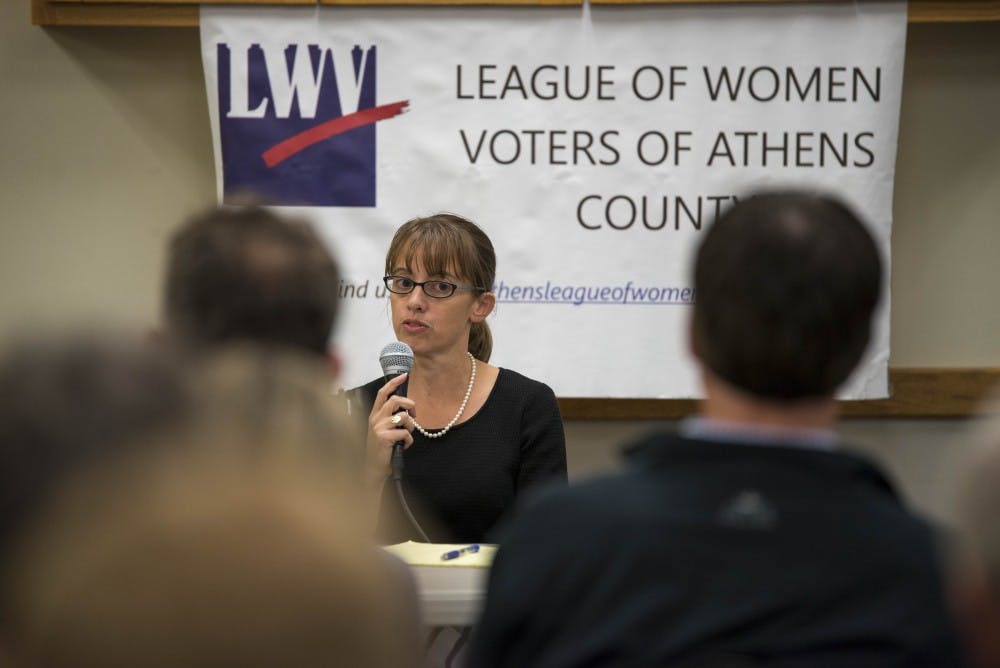 Both candidates for Ohio's 94th Representative, Jay Edwards (R) and Sarah Grace (D) spoke at a forum held by the Athens County League of Women Voters at the Athens Public Library on Tuesday evening.AUSTIN JANNING | FOR THE POST