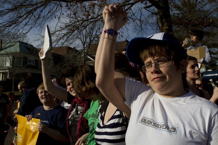 Dueling Demonstrators Outside Baker University Center  