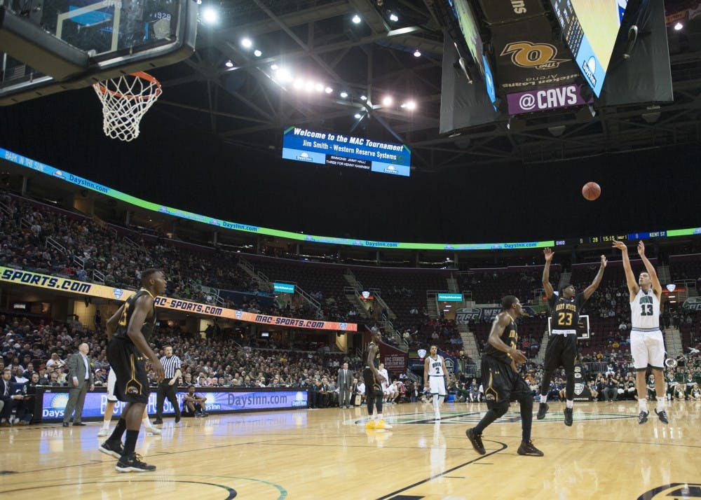 Ohio redshirt senior forward Kenny Kaminski (#13) puts up a shot during the first half of the Bobcat's 68-66 loss to Kent State in the semifinals of the MAC Tournament on Friday, March 10. Kaminski finished with 16 points in his final game in an Ohio shirt.