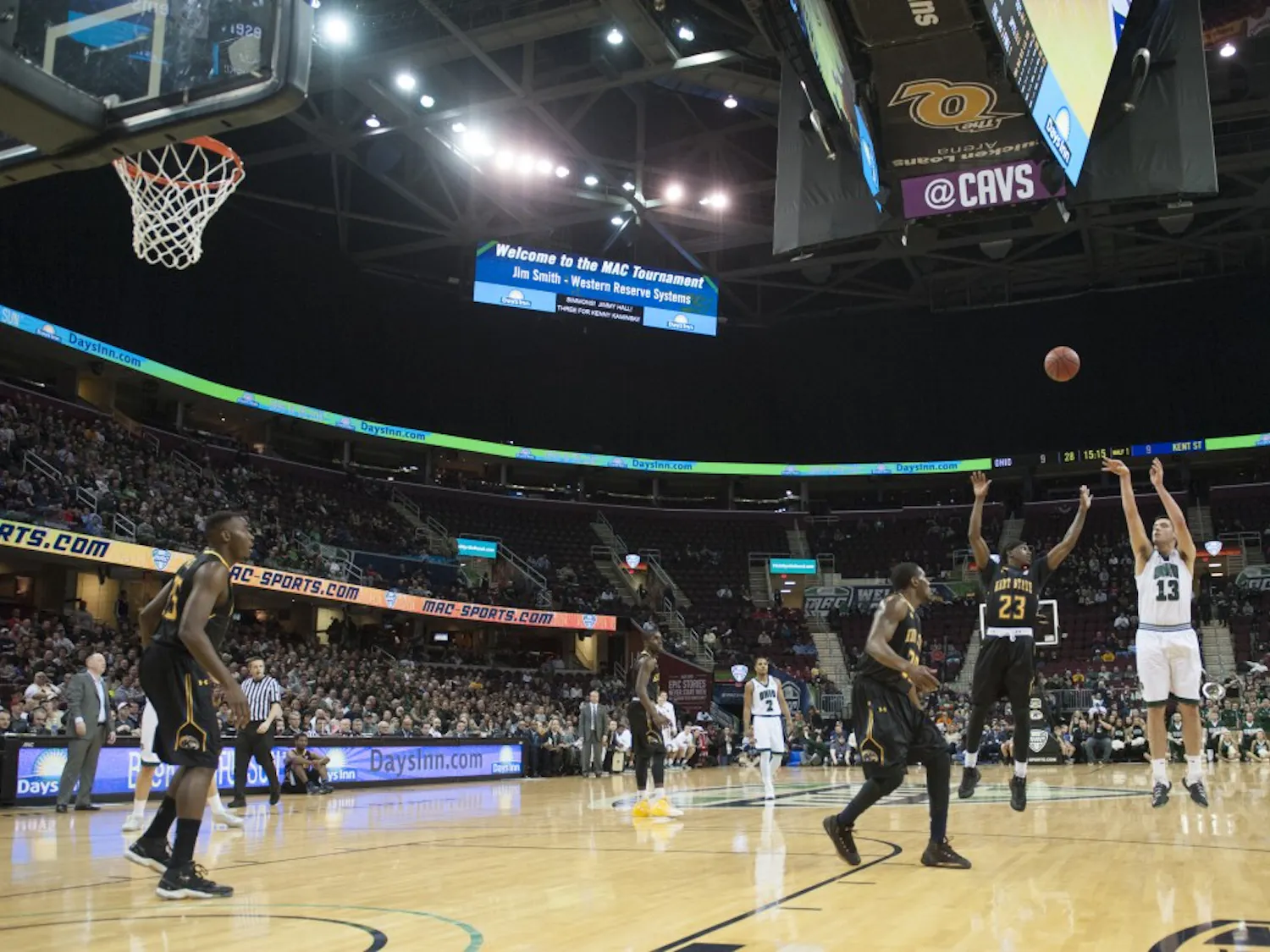 Ohio redshirt senior forward Kenny Kaminski (#13) puts up a shot during the first half of the Bobcat's 68-66 loss to Kent State in the semifinals of the MAC Tournament on Friday, March 10. Kaminski finished with 16 points in his final game in an Ohio shirt.